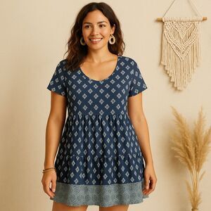 Knox Rose Womens Small Boho Beachcore Y2K‎ Vibes Blue Mosaic Tiered Rayon Dress